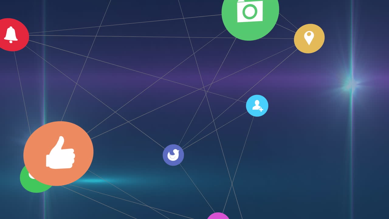 파란색 배경에 있는 빛의 점과 빛의 흔적에 대한 디지털 아이콘의 네트워크