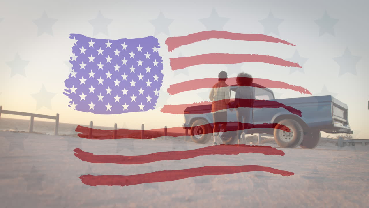 해변에 있는 두 인종의 부부 위에 그려진 미국 발의 애니메이션