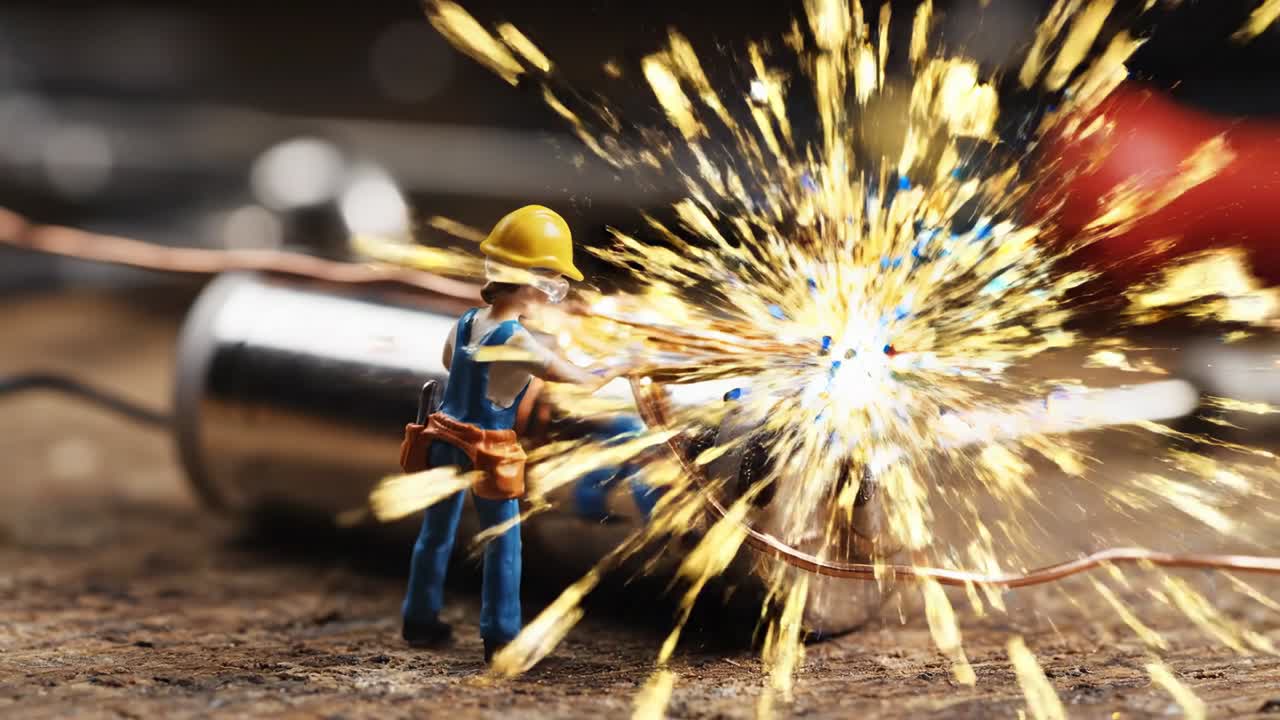 Operaio in miniatura che collega fili a una batteria con scintille