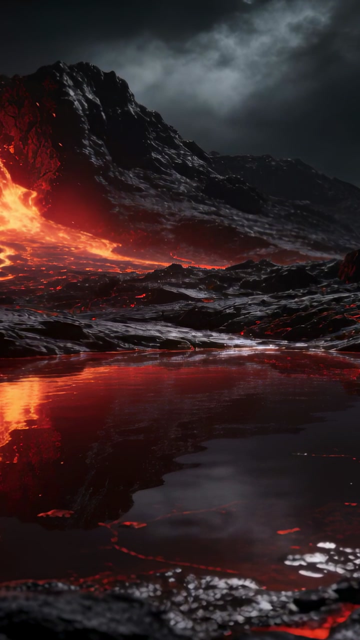 Vertical video: Pouring vent sending glowing lava down mountainside, feeding molten reflective pool