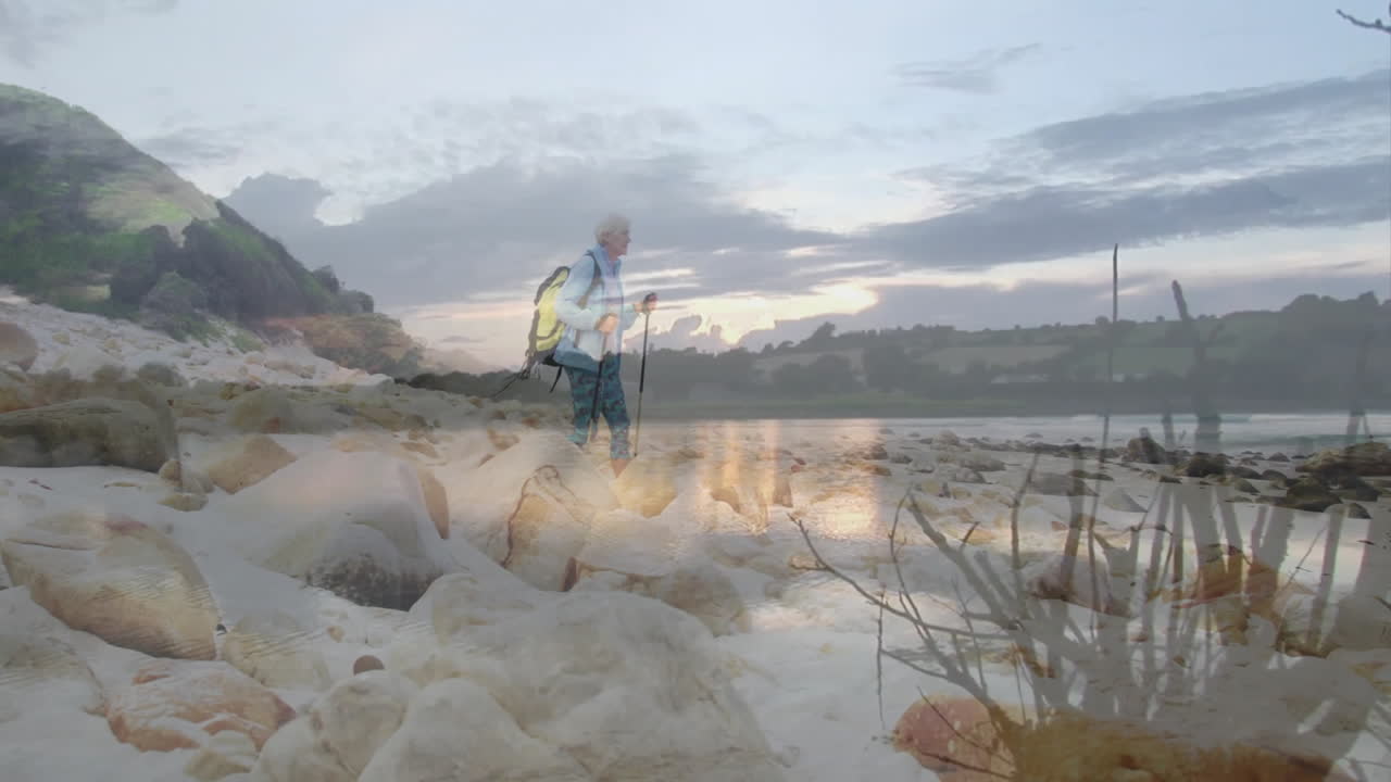 senior woman hiking on rocky beach, with animated health graph and heart icon floating