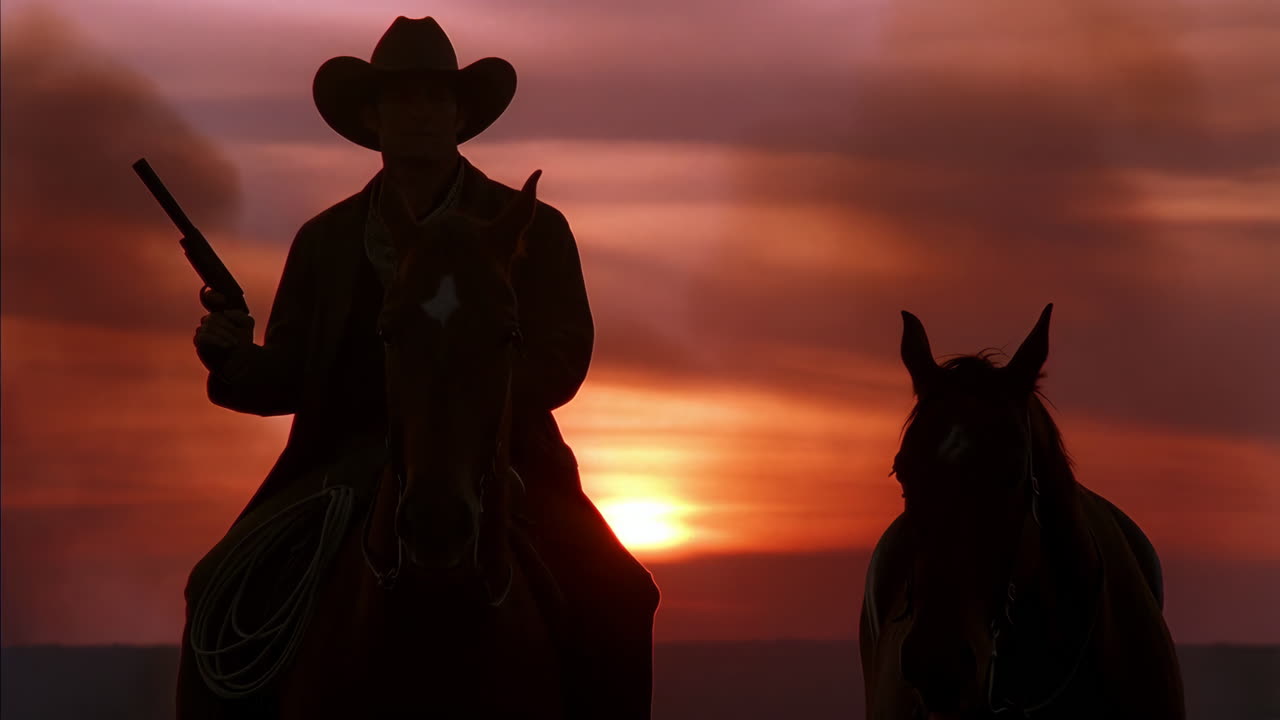 Cowboy on Horseback at Sunset