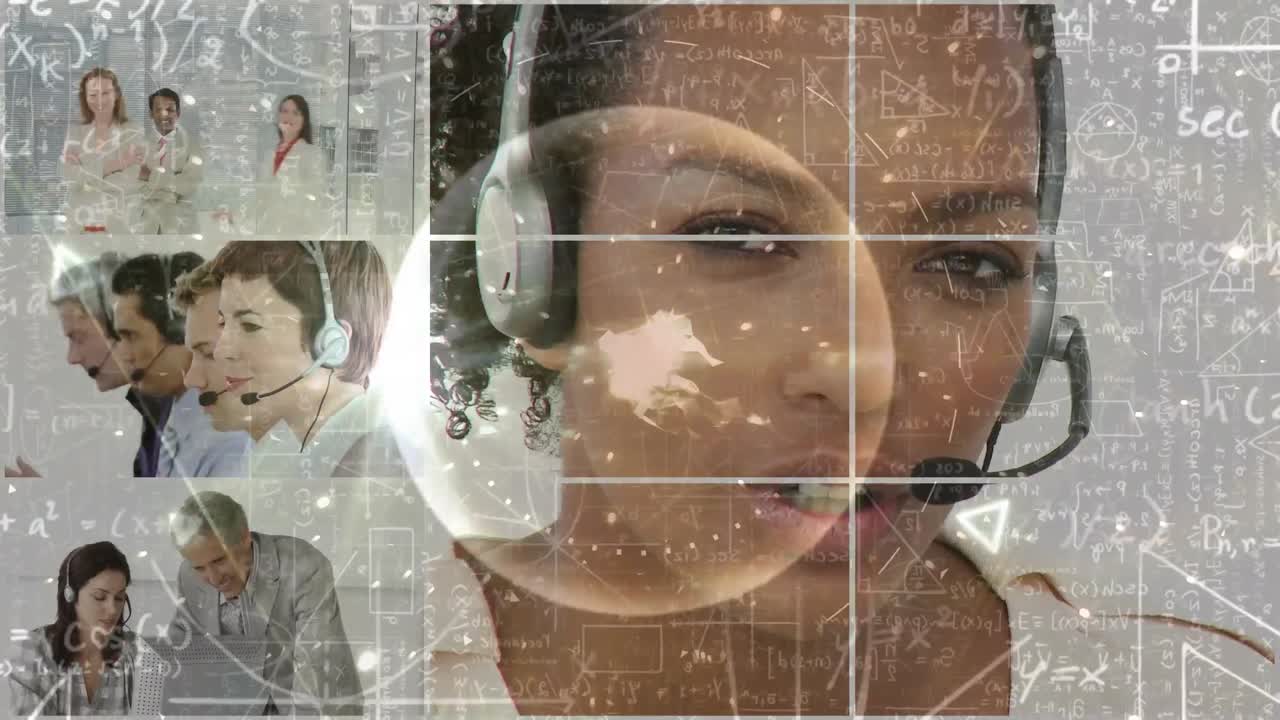 animación de ecuaciones matemáticas y procesamiento de datos sobre personas de negocios que usan auriculares telefónicos