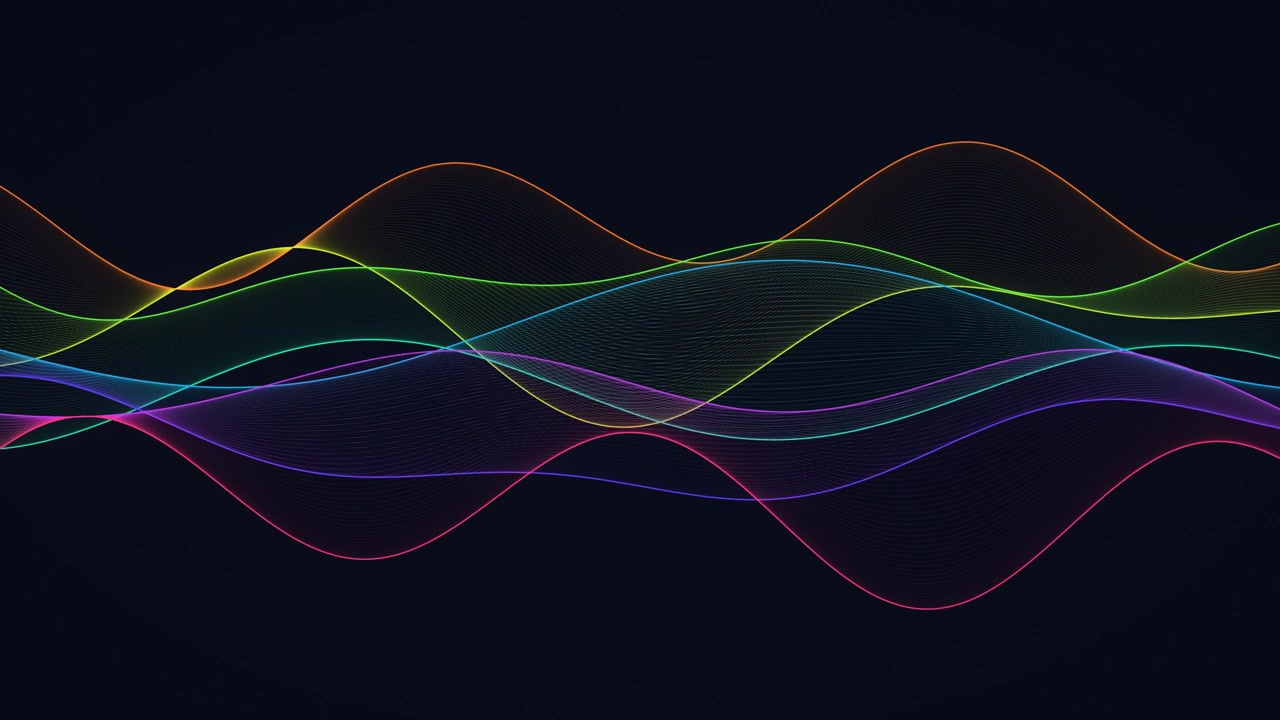 Vibrant neon waves flowing across black background, digital sound frequencies and data flow in modern styles, loopable animation