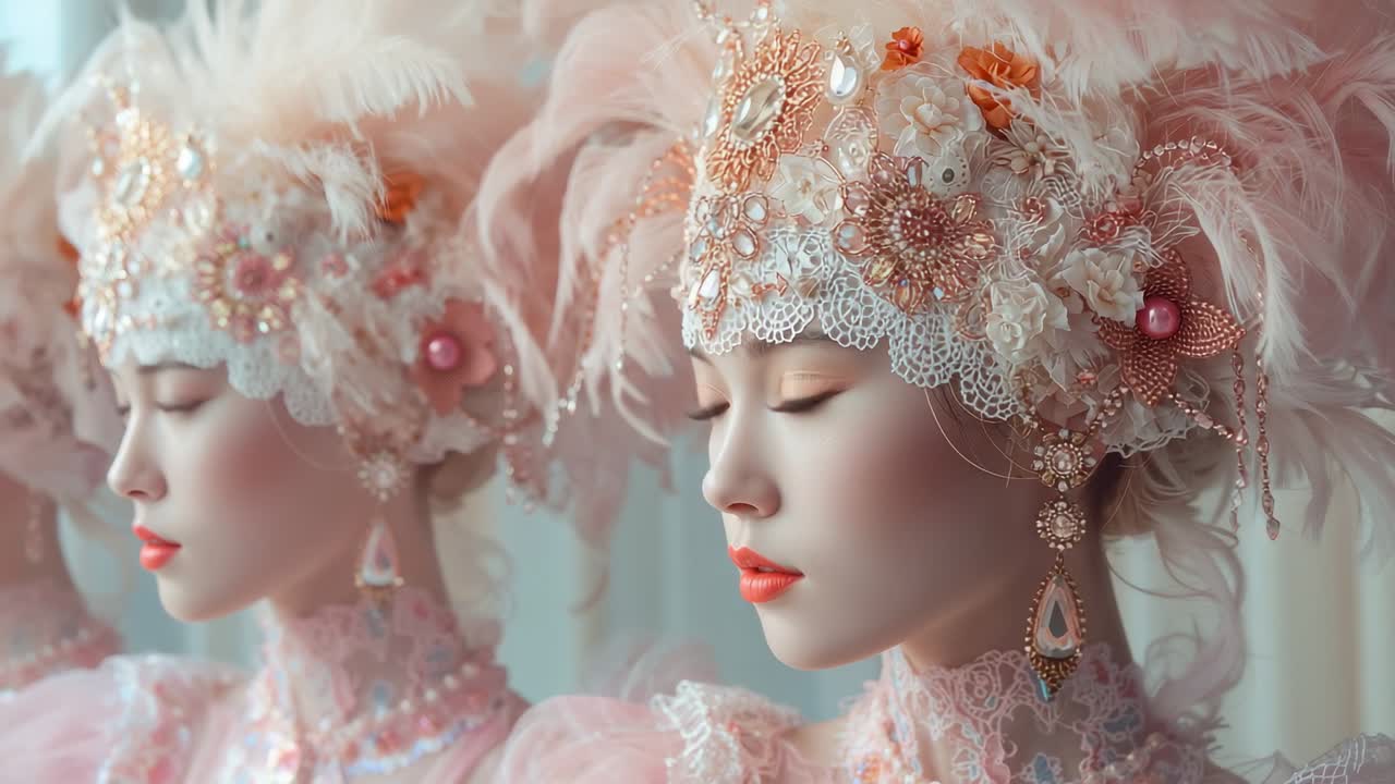 Capturing close-up portrait, adult Asian woman tilting head and blinking in studio, with headpiece