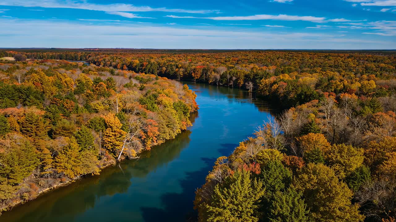 Gliding drone moving forward over forested river, revealing ripples and autumn foliage reflections