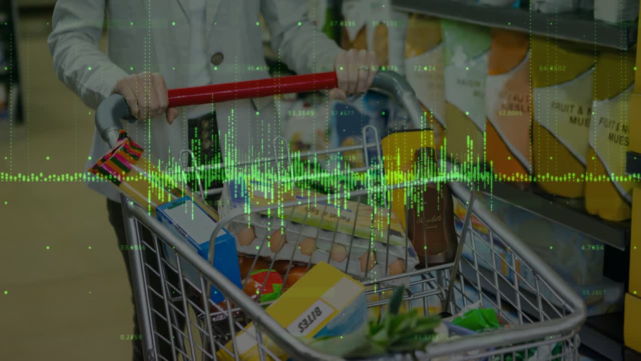 Woman holding red handle, pushing down store aisle, green waveform tracking groceries for shopping