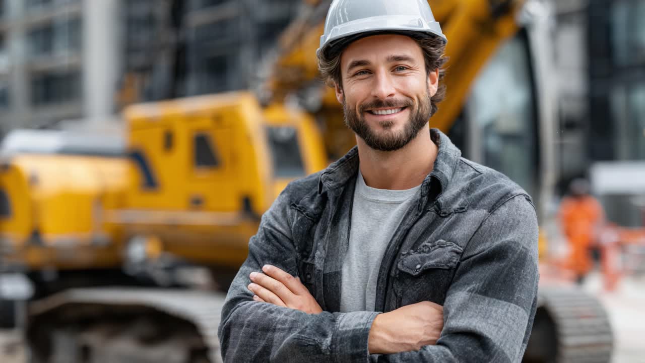 Confident Construction Worker Smiling at the Camera with Heavy Machinery in the Background, Showcasing Safety Gear and Professionalism on the Job Site