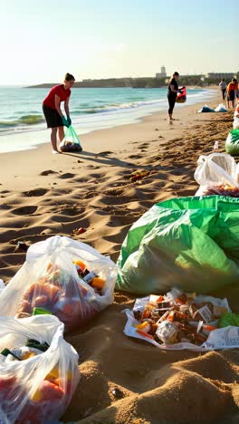 a person is picking up trash on a beach. concept of environmental responsibility.
