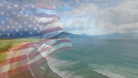 Digitale-Komposition-Der-Schwenkenden-US-Flagge-Vor-Der-Luftaufnahme-Des-Strandes-Und-Des-Meeres