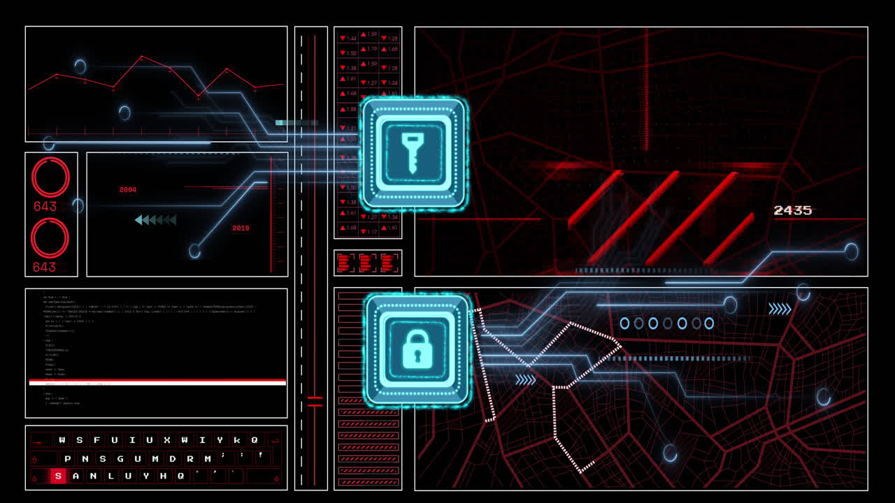 Animation of circuit board, key and padlock icon and network of connections over black background