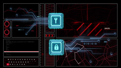 Animation-of-circuit-board,-key-and-padlock-icon-and-network-of-connections-over-black-background