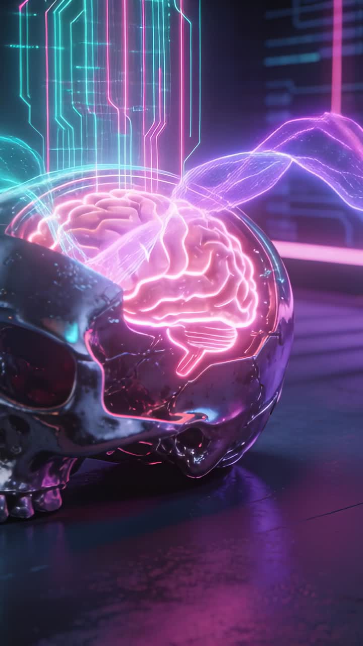 Reflective skull sitting left, probe contacting neon brain, powering technology data transfer