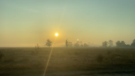 Shot-of-morning-mist-over-open-field-at-sunrise