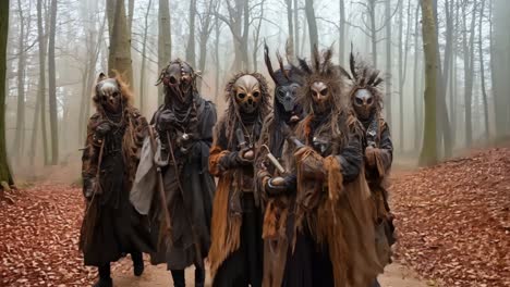 a group of people dressed in masks walking through a forest