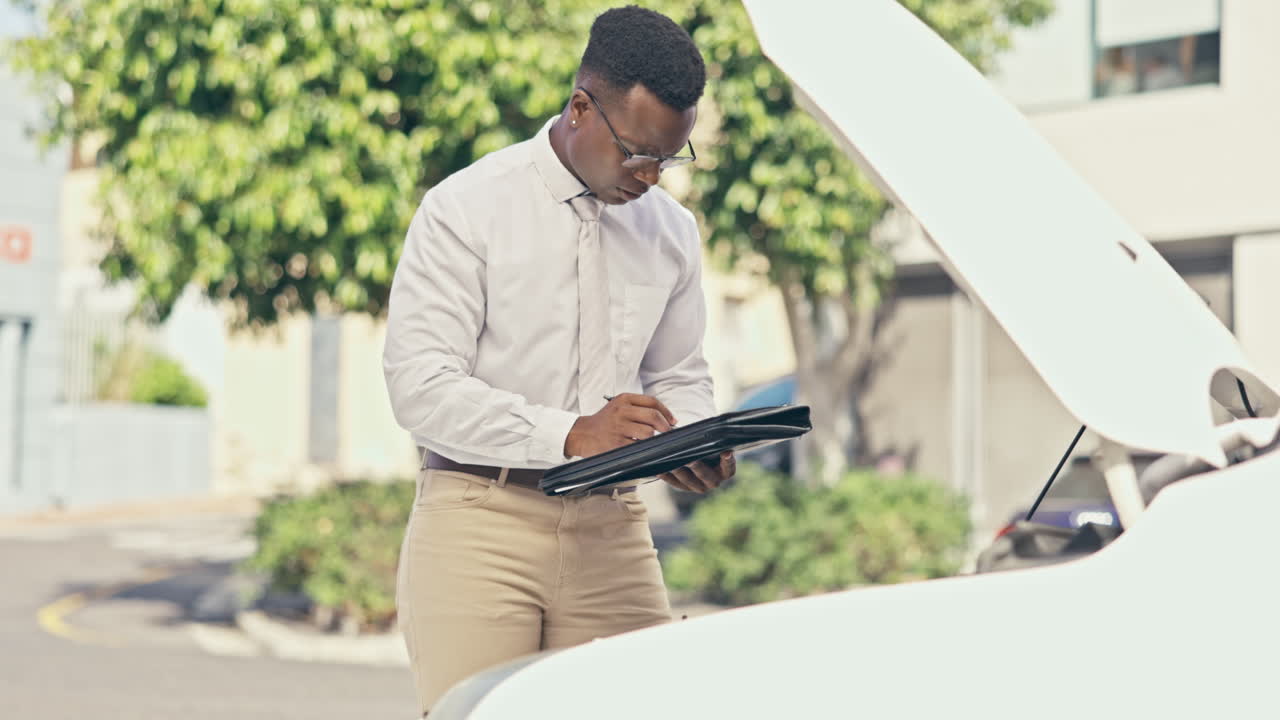 coche, avería y seguro con un hombre comprobando