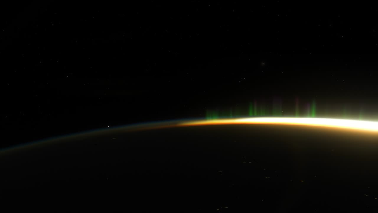 우주선이 지구의 밤쪽을 날아다니며 지구를 우주에서 볼 수 있는 3d 애니메이션