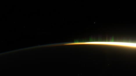 una nave espacial vuela sobre el lado nocturno del planeta tierra. una toma cinematográfica de nuestro planeta natal. una vista del planeta tierra desde el espacio. animación 3d