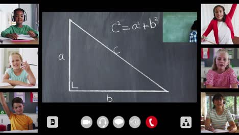 animation of interface screen with chalkboard, teacher and six diverse children in online lesson