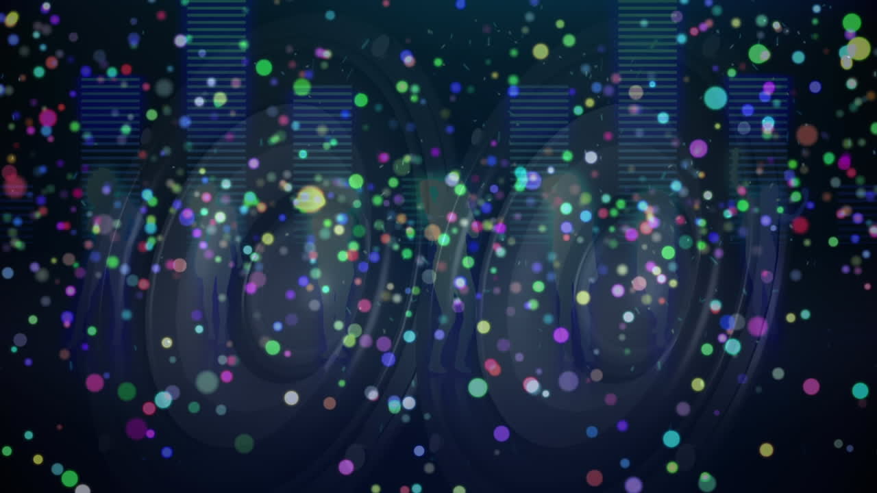 음악  ⁇ 얼라이저와 스피커에 맞서 춤을 추는 사람들의 실루 ⁇  위에 빛의 반점이