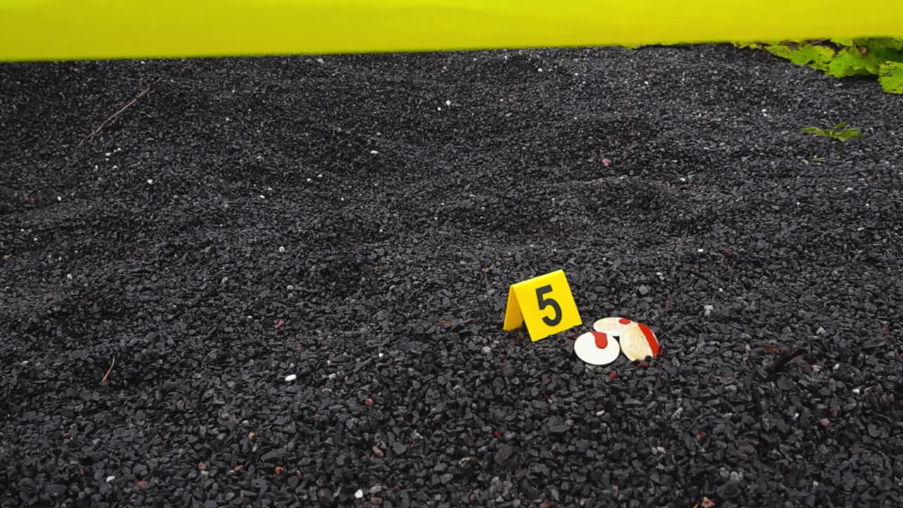 Close up view of a yellow police line investigation forensic crime scene tape in front of blood covered Bitcoin cryptocurrency golden coins next to crime marker on dark gravel ground outdoors
