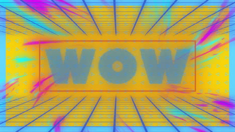 animation of wow text over light trails and lines on yellow background