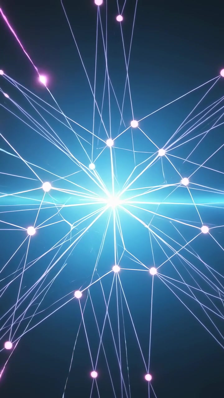 Vertical video: Pulsing core linking pink nodes and sending purple trail in cyberspace cyan flare