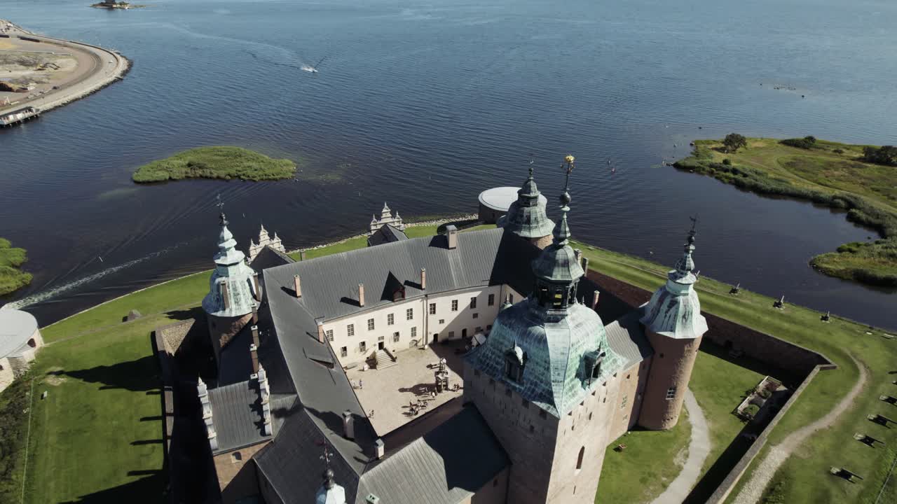 Fly over Kalmar castle during nice summer day