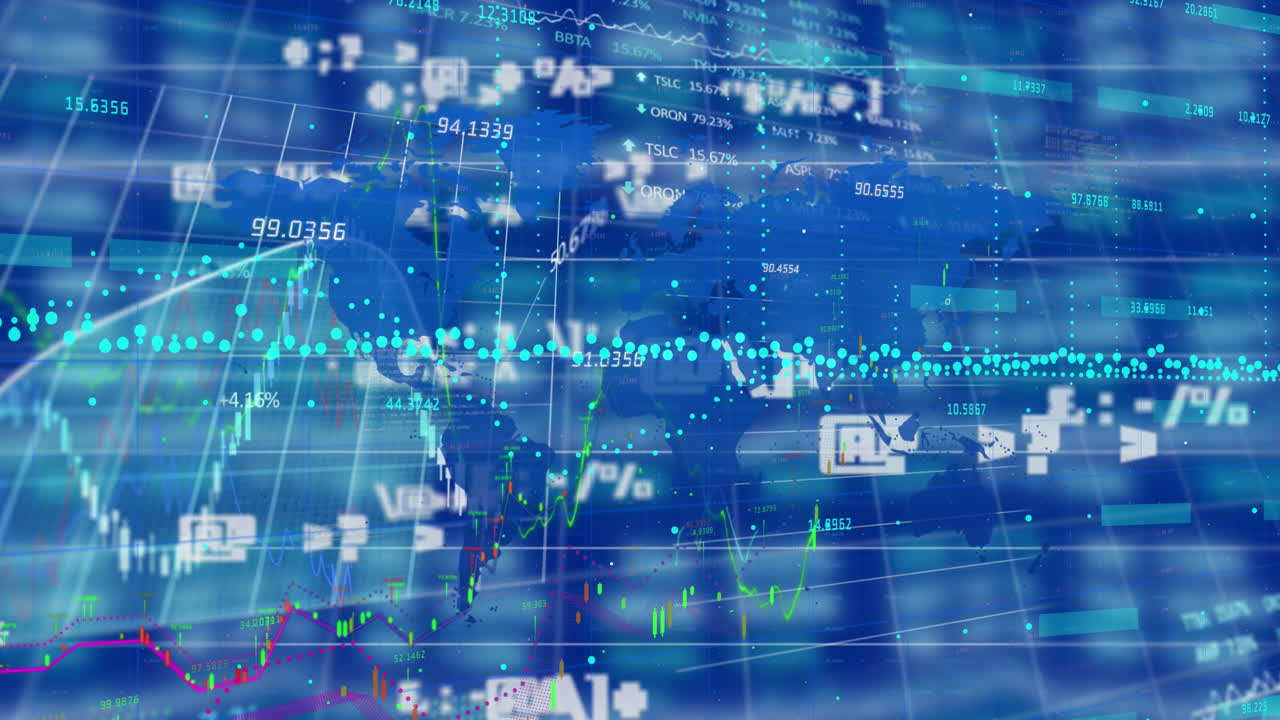 Animation of numbers and financial data processing over blue background