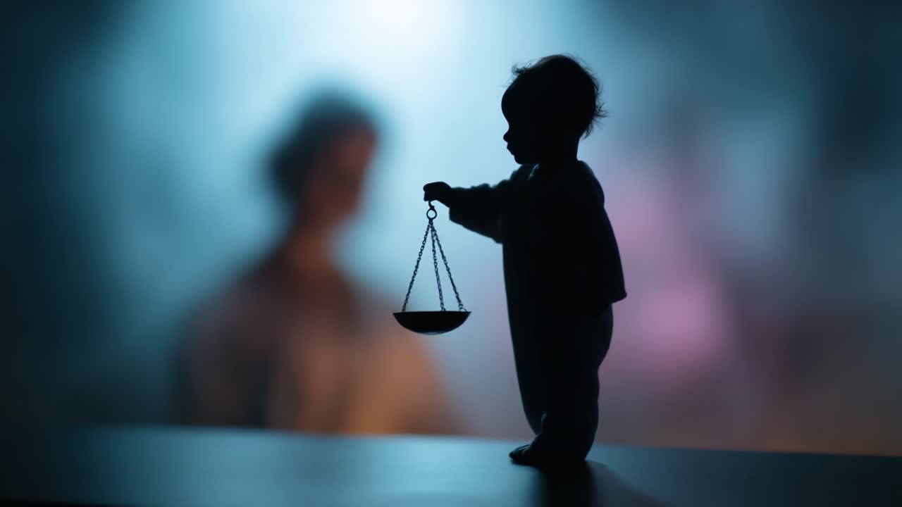Un bambino piccolo tiene in equilibrio una bilancia, con la sua silhouette che si staglia su uno sfondo da sogno, a simboleggiare l'innocenza, la crescita e il peso delle scelte nella vita