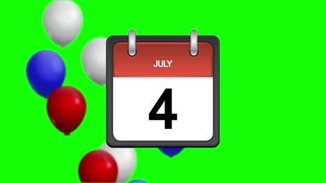animación del calendario con el 4 de julio y globos de bandera estadounidense en fondo de pantalla verde. día de la independencia de los estados unidos. 4 de julio. las páginas del día 1 al 4 comienzan a volcarse y volar después de rasgarse. canal alfa. 4k