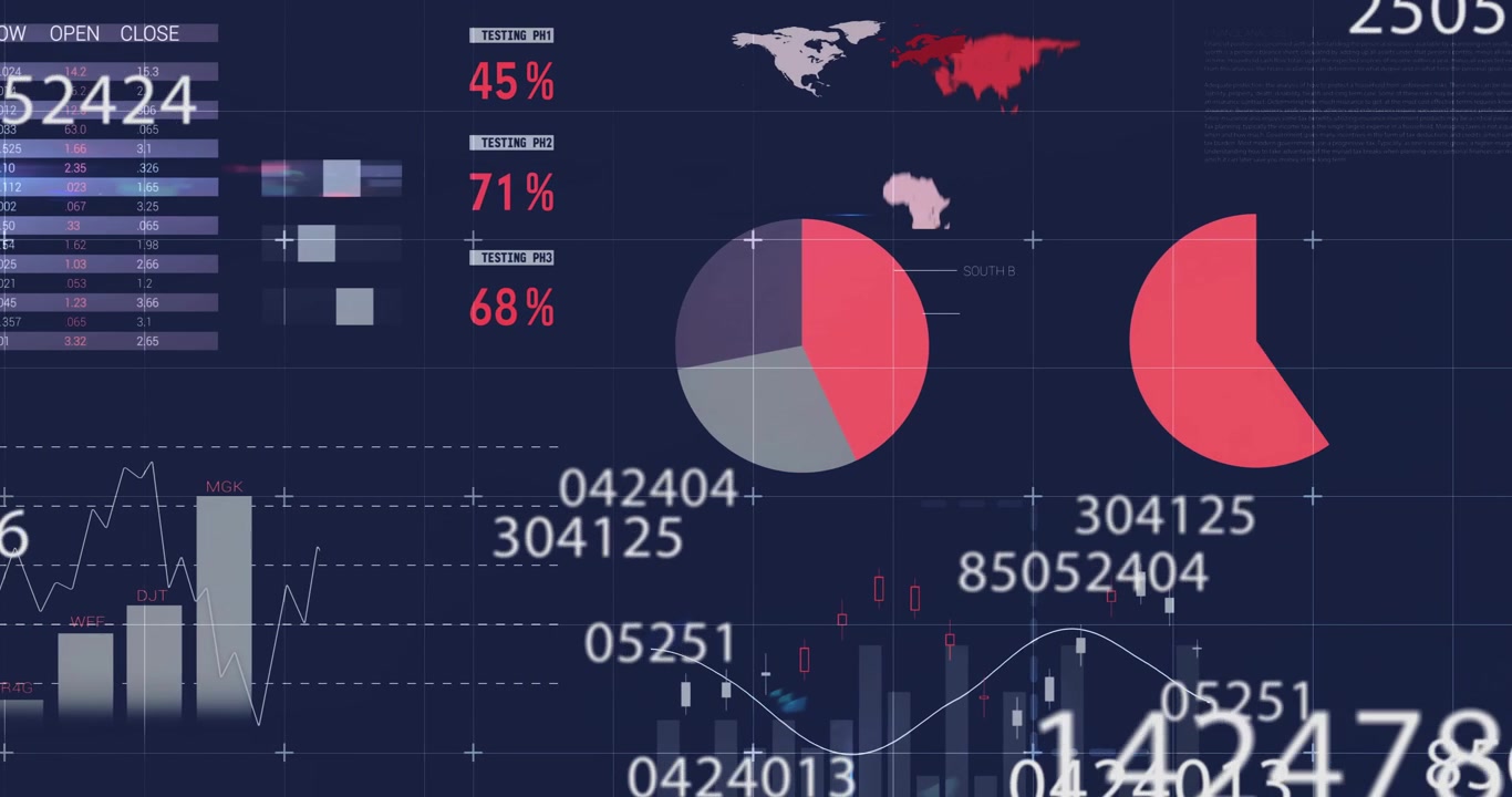 Animation of statistics and data processing on black background