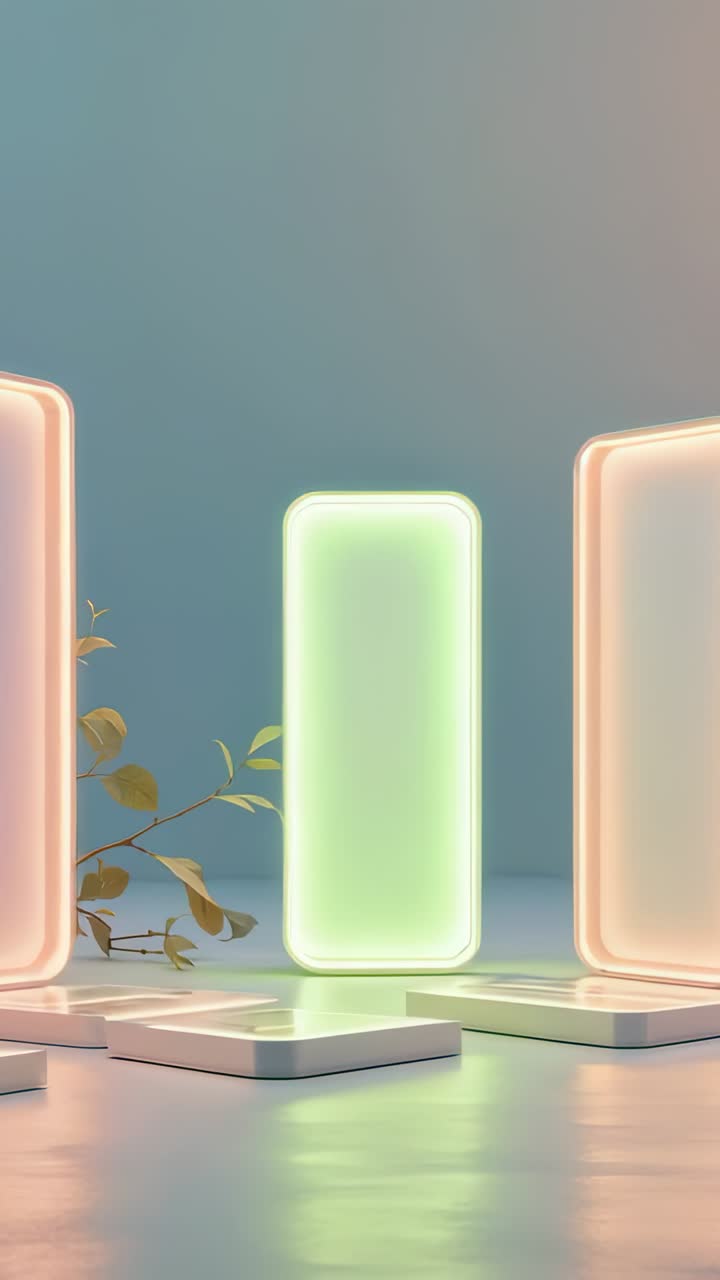 Vertical video: After delay, LED panels shifting to green on studio desk with branch, pulsing glow