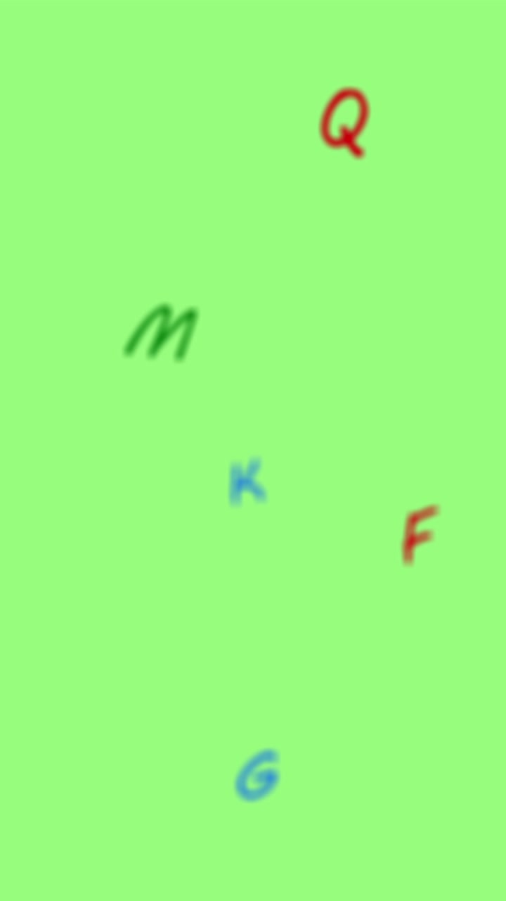 Animazione digitale di diverse lettere dell'alfabeto inglese colorate che fluttuano su sfondo verde.