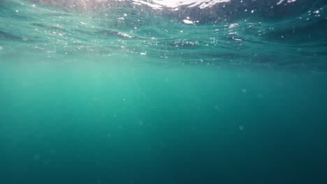underwater ocean swell showing the contrast between the moving water surface and the turquoise quiet of the depths below