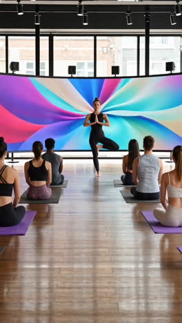 a group of people in a yoga class with an instructor demonstrating a pose