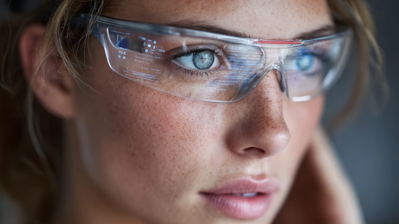 A Close-Up of a Young Woman Wearing Smart Glasses with Reflective Lenses, Illustrating the Integration of Technology and Personal Expression in Modern Vision Enhancement