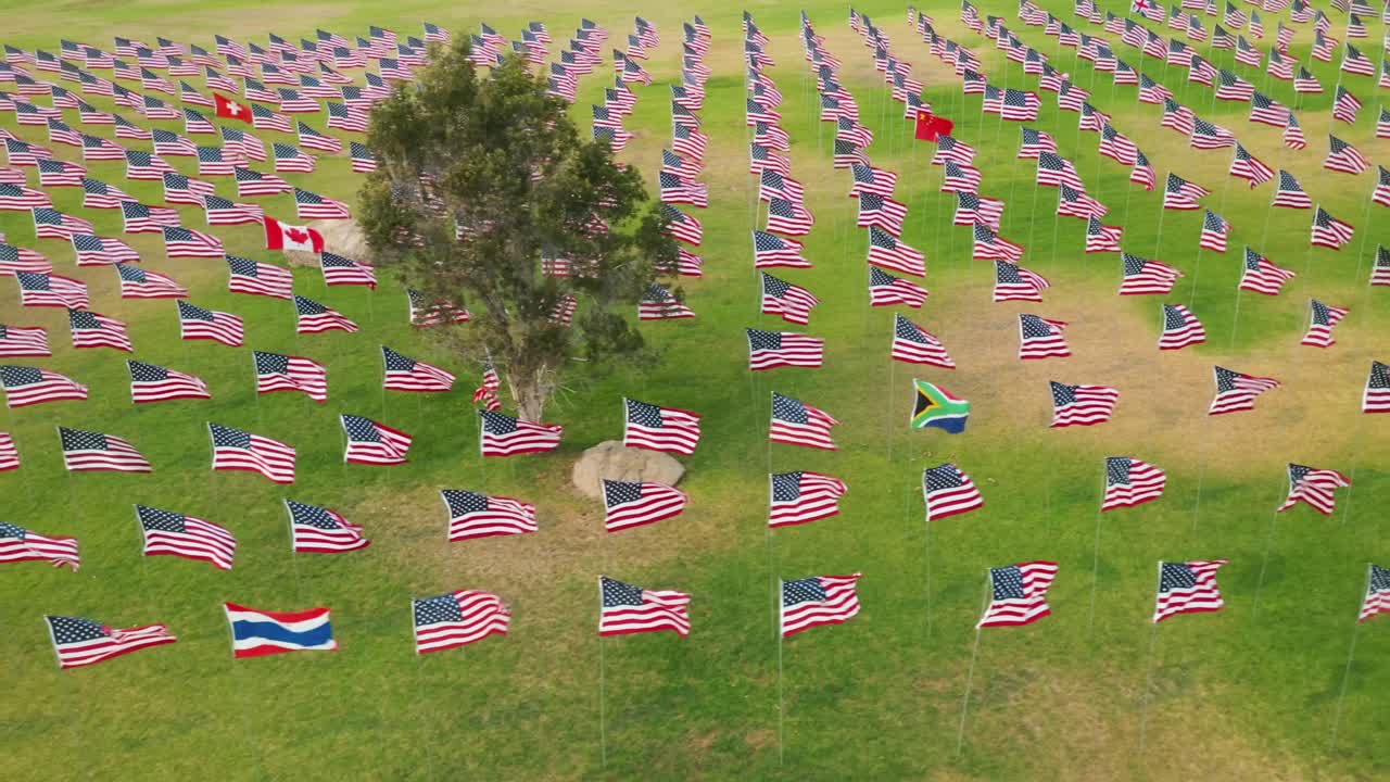 Waves of Flags At Pepperdine University In Malibu - aerial sideways