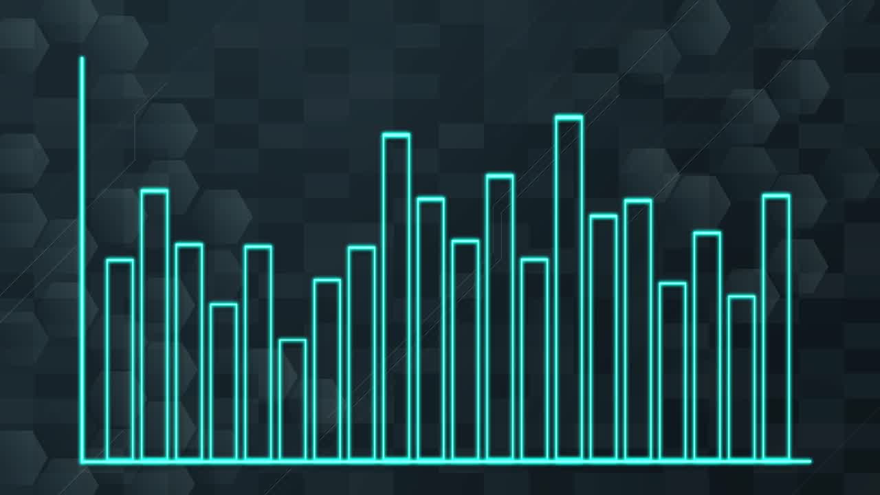Neon blue bar graph animates upward on dark hexagonal grid, smooth transitions, modern tech style