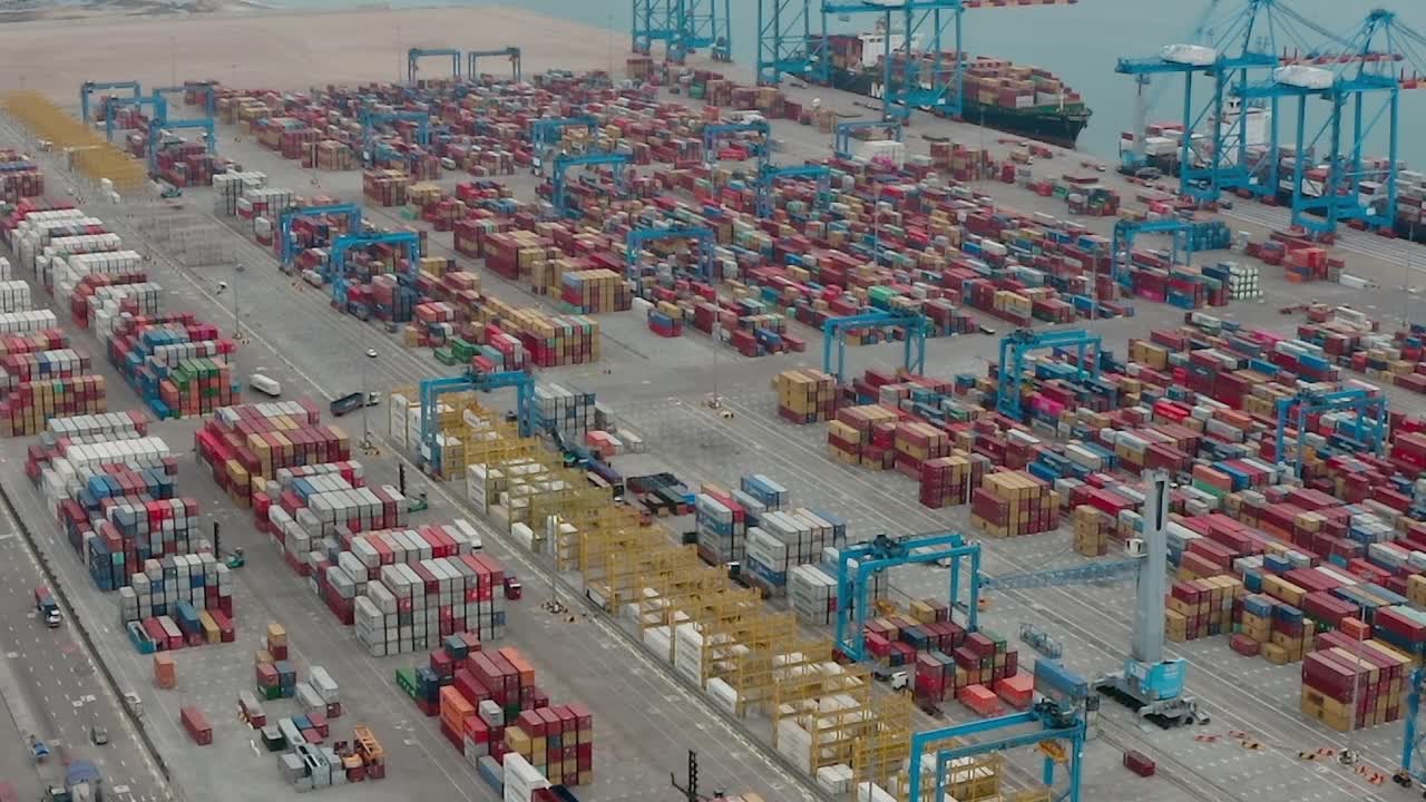 Container terminal operates in Accra, Ghana with many shipping containers