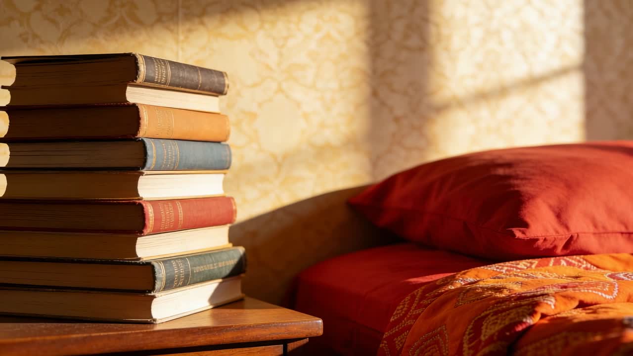 Luce solare in movimento che proietta un'ombra a griglia di finestra, illuminando una pila di libri sul comodino sinistro, con spazio per il testo.