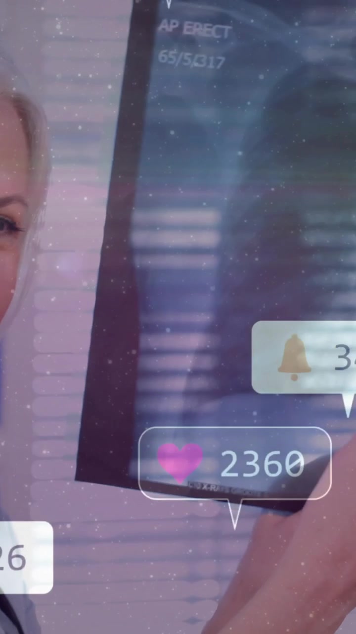 Animazione di coinvolgimento sui social media su medico sorridente che indica uno schermo