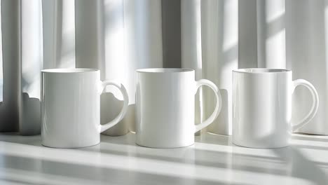 three white coffee mugs sitting on a window sill