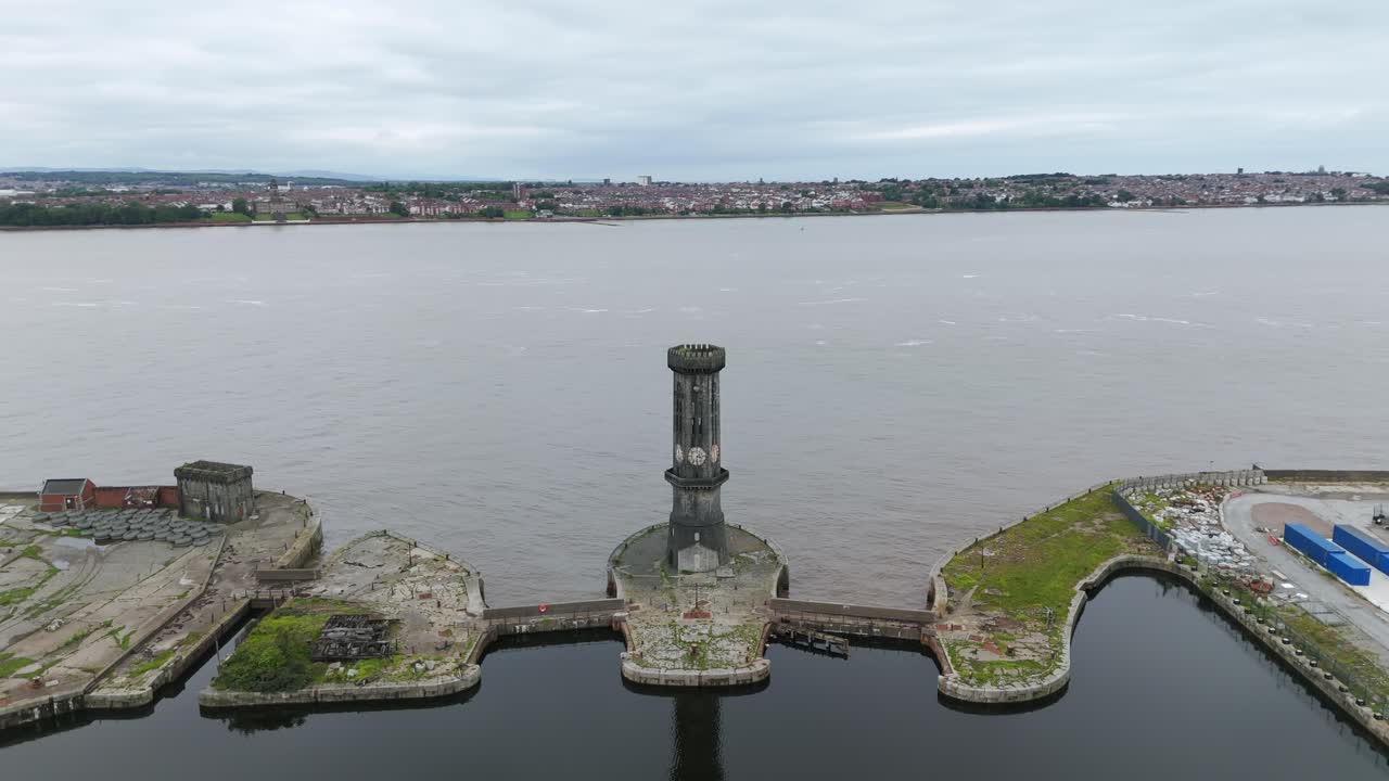 Historic Victoria Tower by the serene riverfront captured from an aerial perspective