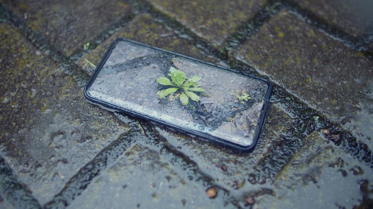 View of smartphone on the ground under the rain, green plant on the screen