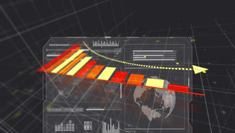 gráfico de barras y animación de análisis de datos financieros sobre un fondo de cuadrícula oscura