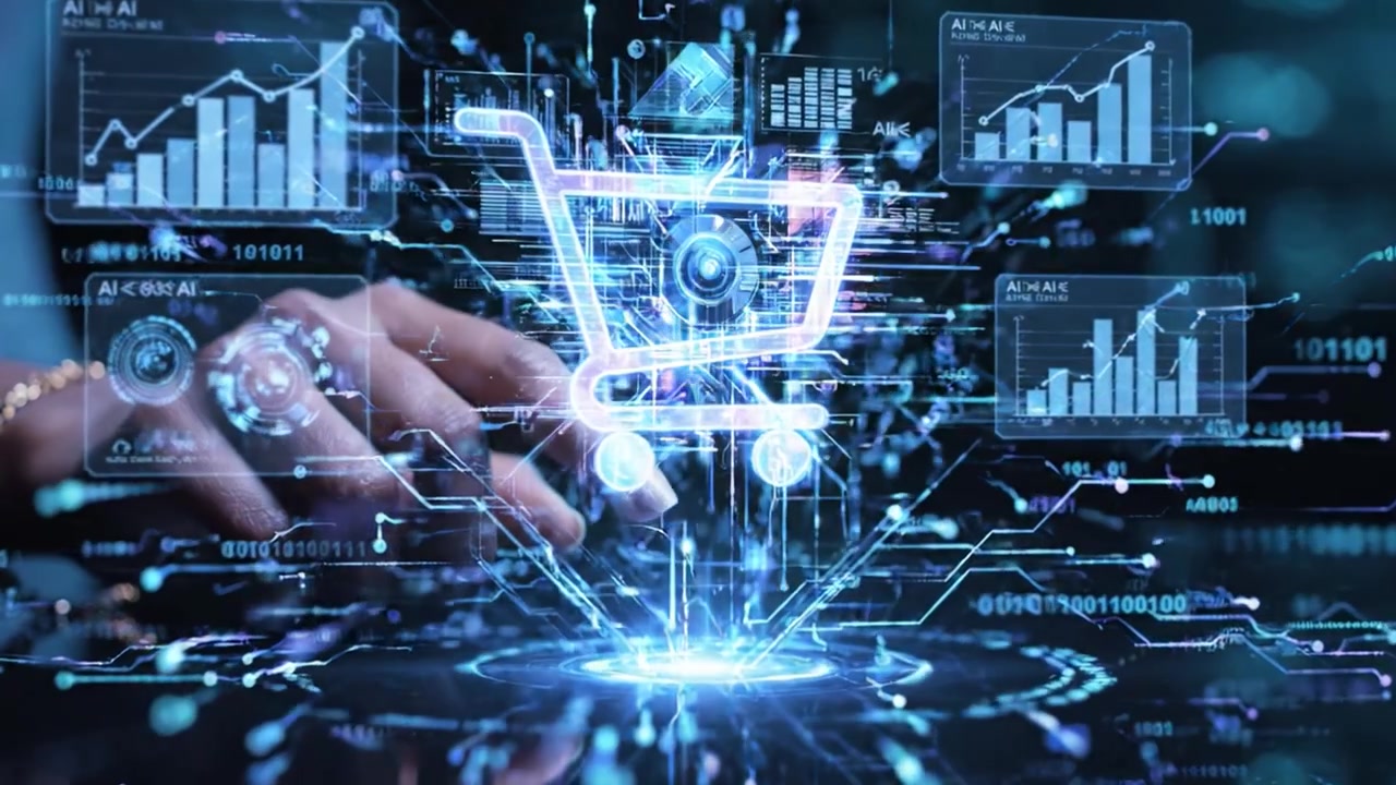 A Hand Interacting with Digital Technology: Exploring E-Commerce Innovation Through a Futuristic Shopping Cart Interface and Data Visualization