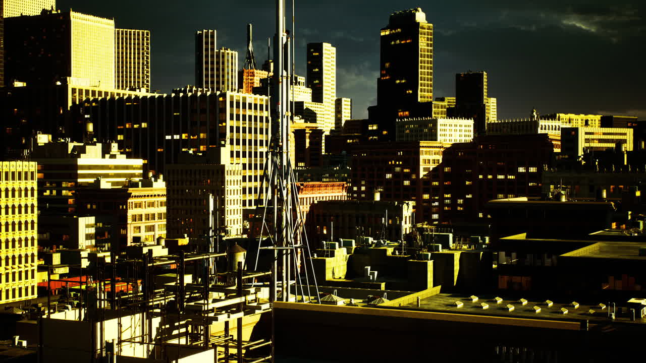 Urban skyline with towering buildings and energy infrastructure at dusk