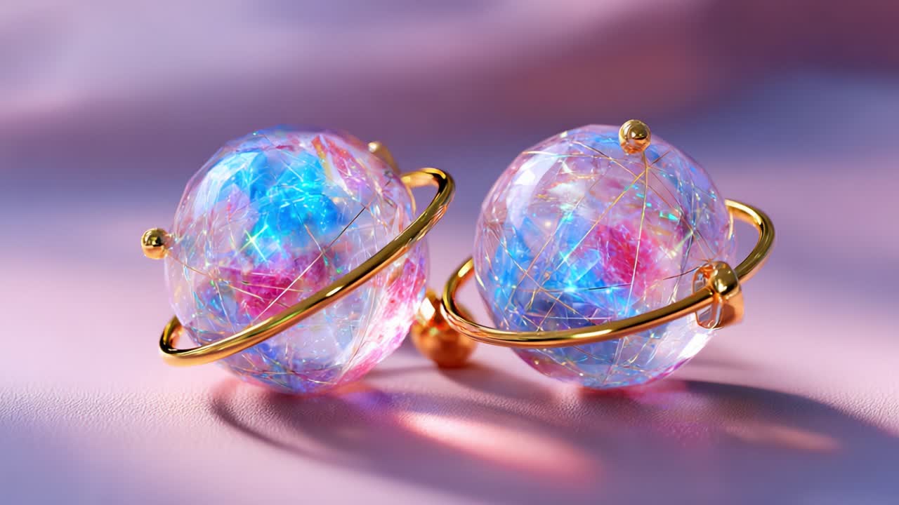 A Stunning Display of Iridescent Gemstone Spheres with Golden Accents: Captivating Visuals of Unique Jewelry Design Highlighting Colorful Reflections and Intricate Details in a Soft Lighting Setting