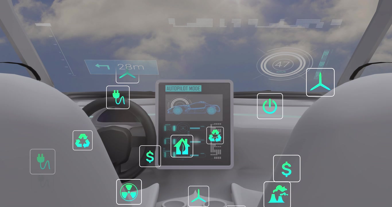Animação de processamento de dados e ícones de ecologia sobre carro e nuvens